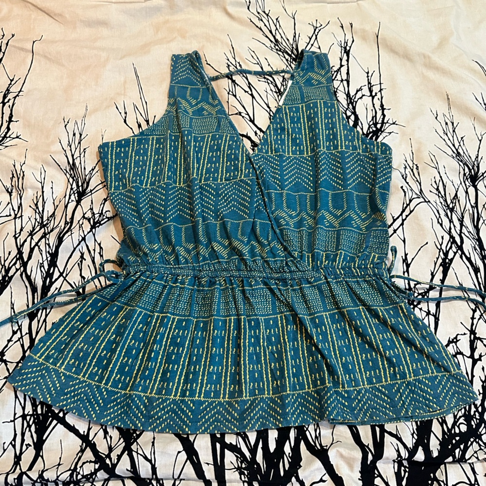Anthropologie Becka Surplice Drawstring Wrap Tank, blue boho Pure & Good, small